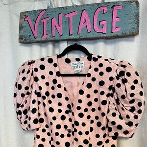 Richie Freeman Teri Jon Vintage Silk Polka Dot Puff Sleeve Pink Black Blazer